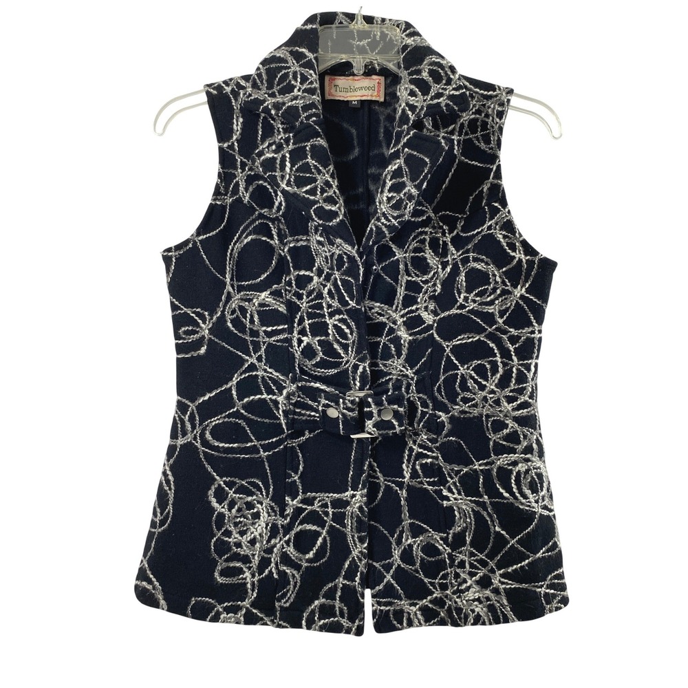 Tumbleweed Wool Vest Womens Medium Western Black White Embroidered Rope Design‎